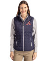 View image 10: Atlanta Braves Cooperstown Cutter & Buck Rainier Recycled Insulated Puffer Womens Full Zip Vest Dark Navy/Silver Front