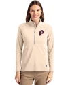 Philadelphia Phillies Cooperstown Cutter & Buck Adapt Eco Knit Stretch Recycled Womens Half Zip Pullover Wheat Front Thumbnail Image