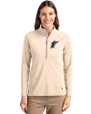 View image 10: Miami Marlins Cooperstown Cutter & Buck Adapt Recycled Soft Knit Stretch Womens Half Zip Pullover Wheat Front