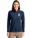 View image 4: Chicago Cubs Cooperstown Cutter & Buck Adapt Recycled Soft Knit Stretch Womens Half Zip Pullover Navy Blue Front