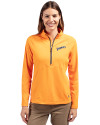 View image 10: San Diego Padres Cooperstown Cutter & Buck Adapt Recycled Soft Knit Stretch Womens Half Zip Pullover Orange Burst Front