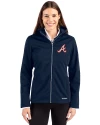 Atlanta Braves Cooperstown Cutter & Buck Evoke Softshell Recycled Full Zip Womens Jacket Navy Blue Front Thumbnail Image