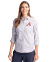 Atlanta Braves Cooperstown Cutter & Buck Stretch Oxford Stripe Womens Long Sleeve Dress Shirt French Blue Front Thumbnail Image