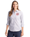 New York Yankees Cooperstown Cutter & Buck Stretch Oxford Stripe Womens Long Sleeve Dress Shirt French Blue Front Thumbnail Image