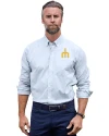 Seattle Mariners Cooperstown Cutter & Buck Stretch Oxford Stripe Mens Long Sleeve Dress Shirt Light Blue Front Thumbnail Image