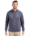 View image 4: North Carolina Tar Heels Cutter & Buck Adapt Recycled Soft Knit Stretch Mens Heathered Quarter Zip Pullover  Navy Blue Heather Front