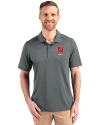 Nebraska Cornhuskers Alumni Cutter & Buck Prospect Eco Textured Stretch Recycled Mens Short Sleeve Polo Elemental Grey Front Thumbnail Image