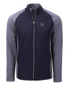 View image 10: Penn State Nittany Lions Alumni Cutter & Buck Adapt Recycled Soft Knit Stretch Mens Hybrid Full Zip Jacket Navy Blue Heather/Navy Blue Mannequin