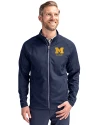View image 4: Michigan Wolverines Alumni Cutter & Buck Adapt Recycled Soft Knit Stretch Mens Hybrid Full Zip Jacket Navy Blue Front