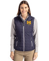 View image 10: Michigan Wolverines Alumni Cutter & Buck Rainier Recycled Insulated Puffer Womens Full Zip Vest Dark Navy/Silver Front
