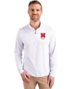 Nebraska Cornhuskers Alumni Cutter & Buck Virtue Eco Pique Recycled Quarter Zip Mens Pullover White Front Thumbnail Image