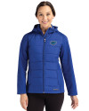 Florida Gators Cutter & Buck Evoke Hybrid Softshell Recycled Full Zip Womens Hooded Jacket Tour Blue Front Thumbnail Image