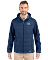 North Carolina Tar Heels Cutter & Buck Evoke Hybrid Softshell Recycled Full Zip Mens Hooded Jacket Navy Blue Front Thumbnail Image