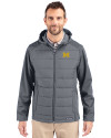 Michigan Wolverines Cutter & Buck Evoke Hybrid Softshell Recycled Full Zip Mens Hooded Jacket Elemental Grey Front Thumbnail Image
