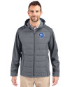 Los Angeles Rams Historic Cutter & Buck Evoke Hybrid Eco Softshell Recycled Full Zip Mens Big & Tall Hooded Jacket Elemental Grey Front Thumbnail Image