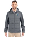Los Angeles Chargers Historic Cutter & Buck Evoke Hybrid Eco Softshell Recycled Full Zip Mens Big & Tall Hooded Jacket Elemental Grey Front Thumbnail Image