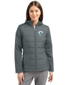 Los Angeles Chargers Historic Cutter & Buck Evoke Hybrid Softshell Recycled Full Zip Womens Hooded Jacket Elemental Grey Front Thumbnail Image