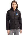 Detroit Lions Historic Cutter & Buck Evoke Hybrid Softshell Recycled Full Zip Womens Hooded Jacket Black Front Thumbnail Image