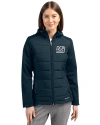 New York Giants Historic Cutter & Buck Evoke Hybrid Softshell Recycled Full Zip Womens Hooded Jacket Navy Blue Front Thumbnail Image
