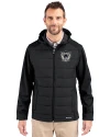 Las Vegas Raiders Historic Cutter & Buck Evoke Hybrid Softshell Recycled Full Zip Mens Hooded Jacket Black Front Thumbnail Image