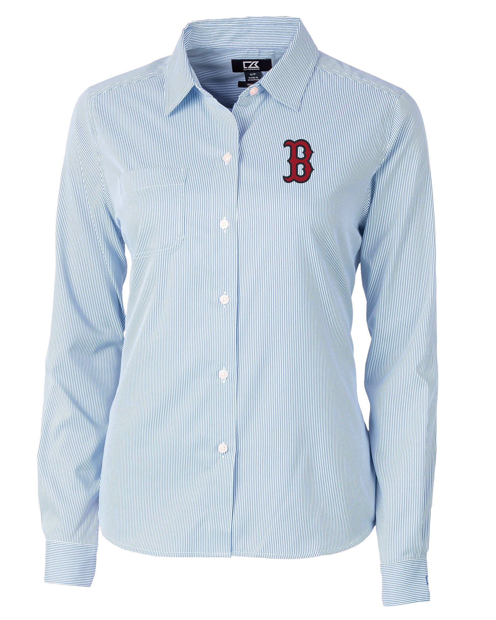 Boston Red Sox Cutter & Buck Stretch Oxford Stripe Womens Long Sleeve Dress  Shirt - Cutter & Buck