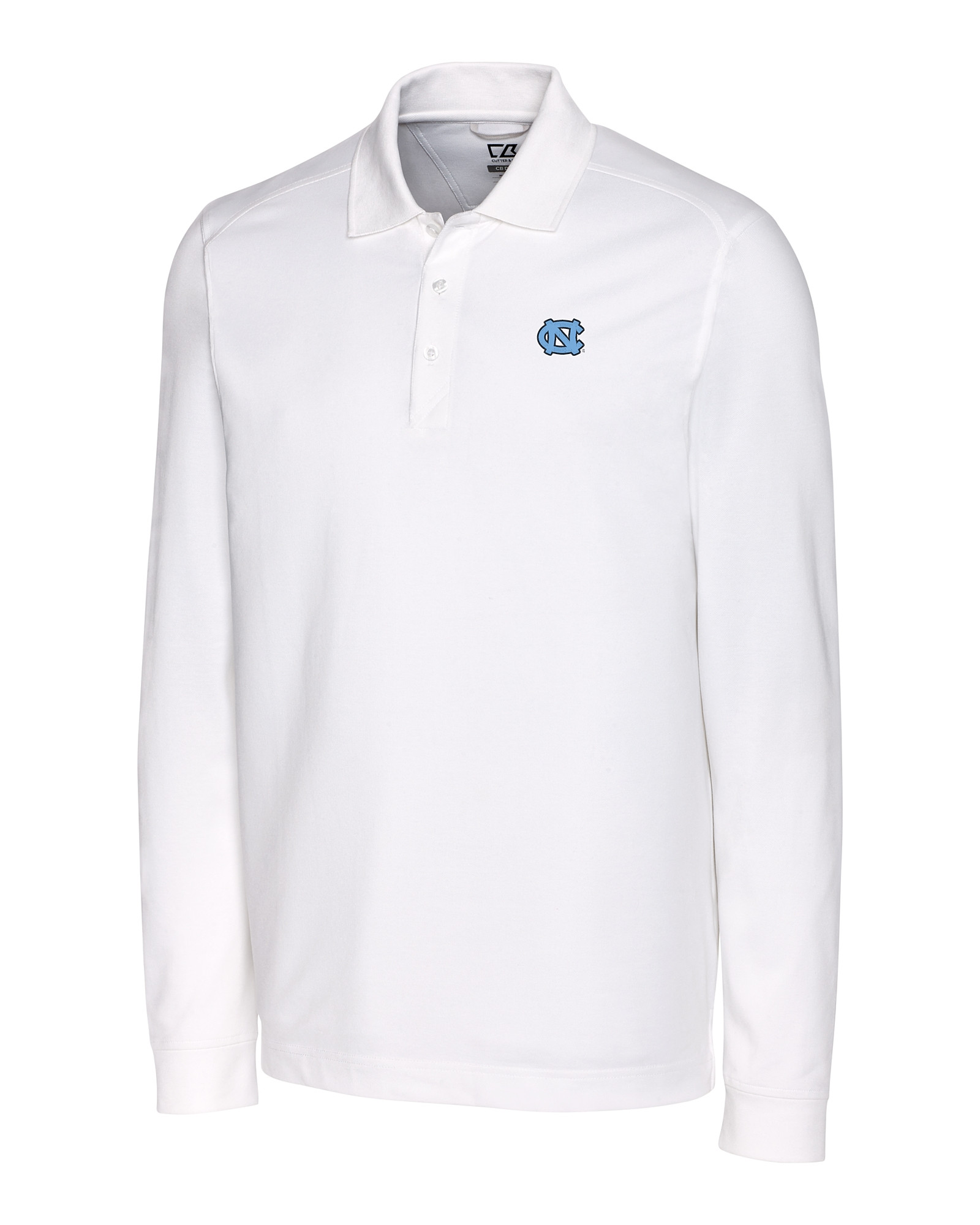 White and powder blue men's tri-blend UNC long sleeve polo