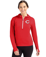 Cincinnati Reds Cutter & Buck Daybreak Eco Recycled Womens Half Zip Hoodie Red Front