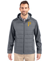 Pittsburgh Pirates Cutter & Buck Evoke Hybrid Eco Softshell Recycled Full Zip Mens Big & Tall Hooded Jacket Elemental Grey Front