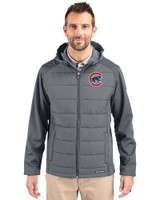 Chicago Cubs Cutter & Buck Evoke Hybrid Eco Softshell Recycled Full Zip Mens Big & Tall Hooded Jacket Elemental Grey Front
