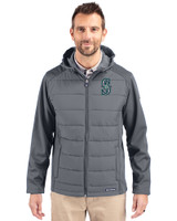 Seattle Mariners Cutter & Buck Evoke Hybrid Eco Softshell Recycled Full Zip Mens Big & Tall Hooded Jacket Elemental Grey Front