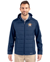 Houston Astros Cutter & Buck Evoke Hybrid Eco Softshell Recycled Full Zip Mens Big & Tall Hooded Jacket Navy Blue Front