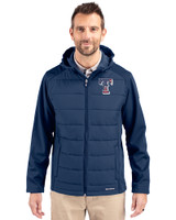 Texas Rangers Stars & Stripes Cutter & Buck Evoke Hybrid Eco Softshell Recycled Full Zip Mens Big & Tall Hooded Jacket Navy Blue Front