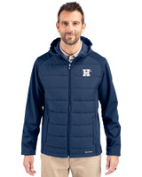 Houston Astros Stars & Stripes Cutter & Buck Evoke Hybrid Eco Softshell Recycled Full Zip Mens Big & Tall Hooded Jacket Navy Blue Front