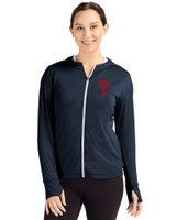 Philadelphia Phillies Cutter & Buck Daybreak Eco Recycled Womens Full Zip Hoodie Navy Blue Front