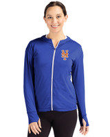 New York Mets Cutter & Buck Daybreak Eco Recycled Womens Full Zip Hoodie Tour Blue Front