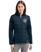 Milwaukee Brewers Stars & Stripes Cutter & Buck Evoke Hybrid Softshell Recycled Full Zip Womens Hooded Jacket Navy Blue Front