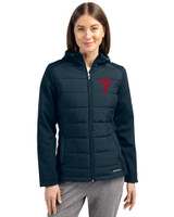Philadelphia Phillies Cutter & Buck Evoke Hybrid Softshell Recycled Full Zip Womens Hooded Jacket Navy Blue Front