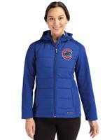 Chicago Cubs Cutter & Buck Evoke Hybrid Softshell Recycled Full Zip Womens Hooded Jacket Tour Blue Front