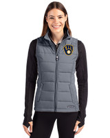 Milwaukee Brewers Cutter & Buck Evoke Hybrid Softshell Recycled Womens Full Zip Vest Elemental Grey Front