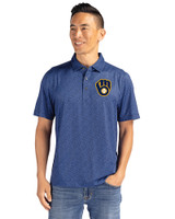 Milwaukee Brewers Cutter & Buck Pike Recycled Pebble Print Mens Polo Navy Blue Front