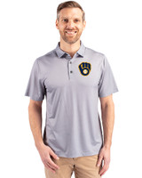 Milwaukee Brewers Cutter & Buck Pike Eco Tonal Geo Print Stretch Recycled Mens Polo Elemental Grey Front