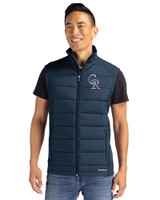 Colorado Rockies Stars & Stripes Cutter & Buck Evoke Hybrid Softshell Recycled Mens Full Zip Vest Navy Blue Front