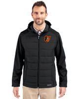 Baltimore Orioles Cutter & Buck Evoke Hybrid Softshell Recycled Full Zip Mens Hooded Jacket Black Front