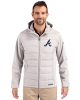 Atlanta Braves Cutter & Buck Evoke Hybrid Softshell Recycled Full Zip Mens Hooded Jacket CONCRETE Front