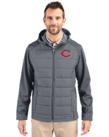 Cincinnati Reds Cutter & Buck Evoke Hybrid Softshell Recycled Full Zip Mens Hooded Jacket Elemental Grey Front