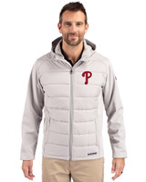 Philadelphia Phillies Cutter & Buck Evoke Hybrid Softshell Recycled Full Zip Mens Hooded Jacket CONCRETE Front