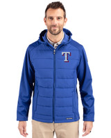 Texas Rangers Cutter & Buck Evoke Hybrid Softshell Recycled Full Zip Mens Hooded Jacket Tour Blue Front