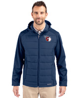 Cleveland Guardians Cutter & Buck Evoke Hybrid Softshell Recycled Full Zip Mens Hooded Jacket Navy Blue Front