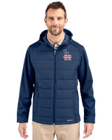 Los Angeles Dodgers Stars & Stripes Cutter & Buck Evoke Hybrid Softshell Recycled Full Zip Mens Hooded Jacket Navy Blue Front