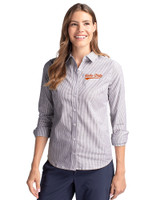 Idaho State Bengals College Vault Cutter & Buck Easy Care Stretch Oxford Stripe Womens Long Sleeve Button Down Shirt Charcoal Front